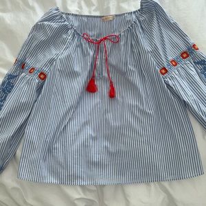 Tory Burch blue and white blouse with fun orange accents!